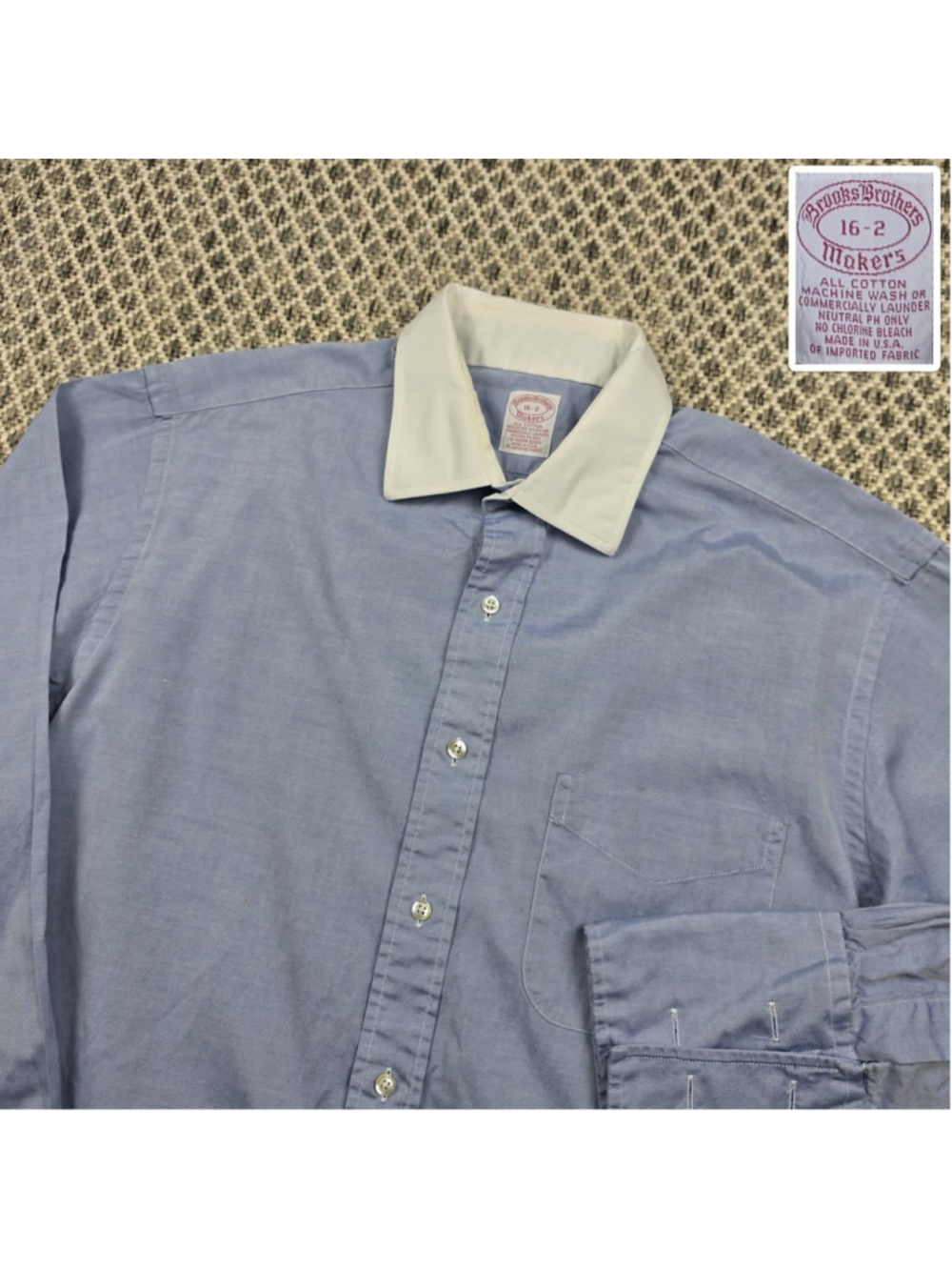 Vintage Brooks Brothers Makers Blue White Contrast Collar Dress Shirt 16-2 USA